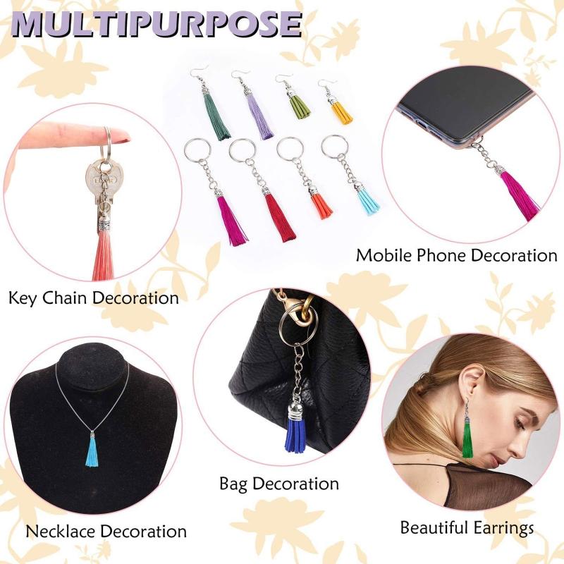 Tassels for Jewelry Making 48 pcs Leather Tassel Keychain Charms Bulk with 96pcs Jump Rings for Earrings for Key Chain C