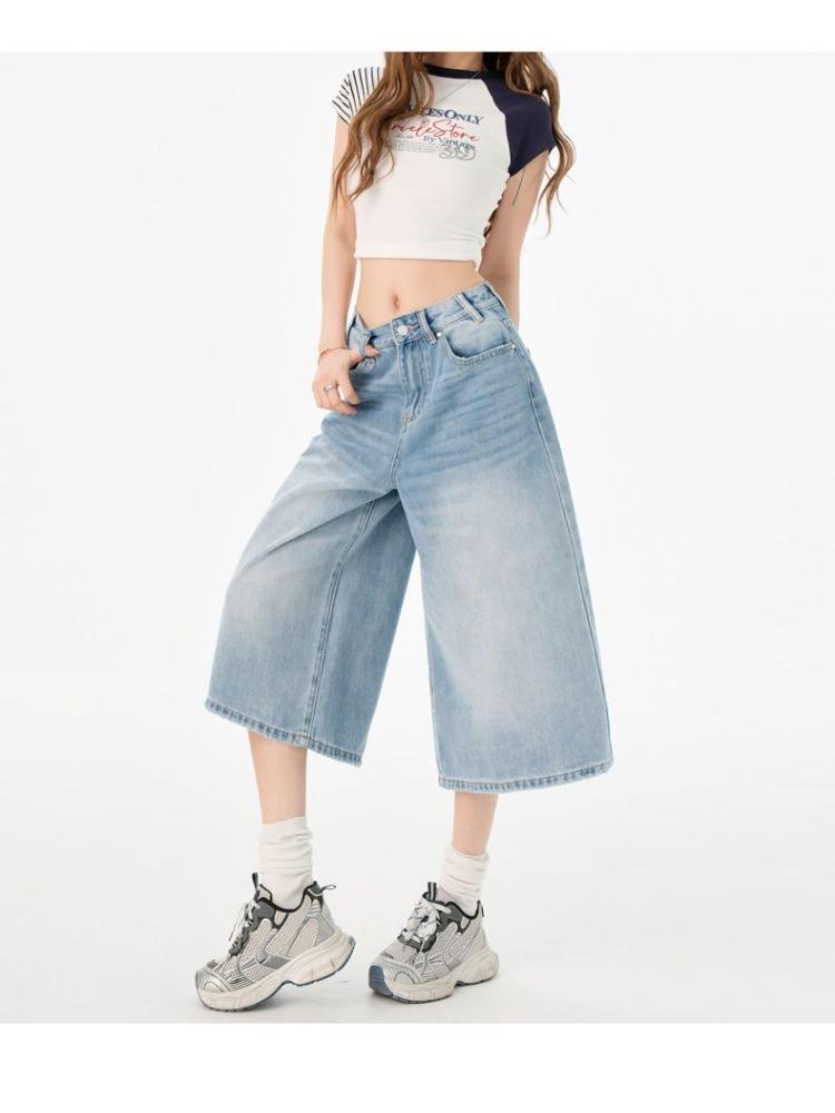 Fashion Summer Vintage High Waist Loose Cropped Capri Pants For Women Versatile High Street Straight Denim Trendy Slimming FigureFlattering Daily Wear