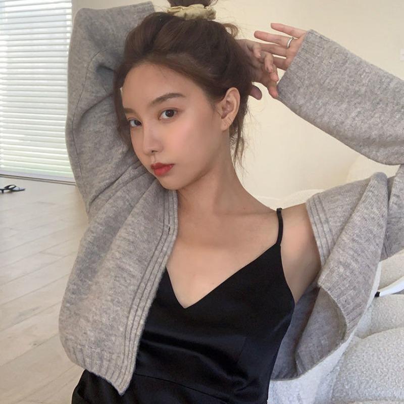 Pit Strip and Waist Knitted Sweater Cardigan Suspender Plain Color Sweet Spicy Style High-end Short Loose Autumn and Winter