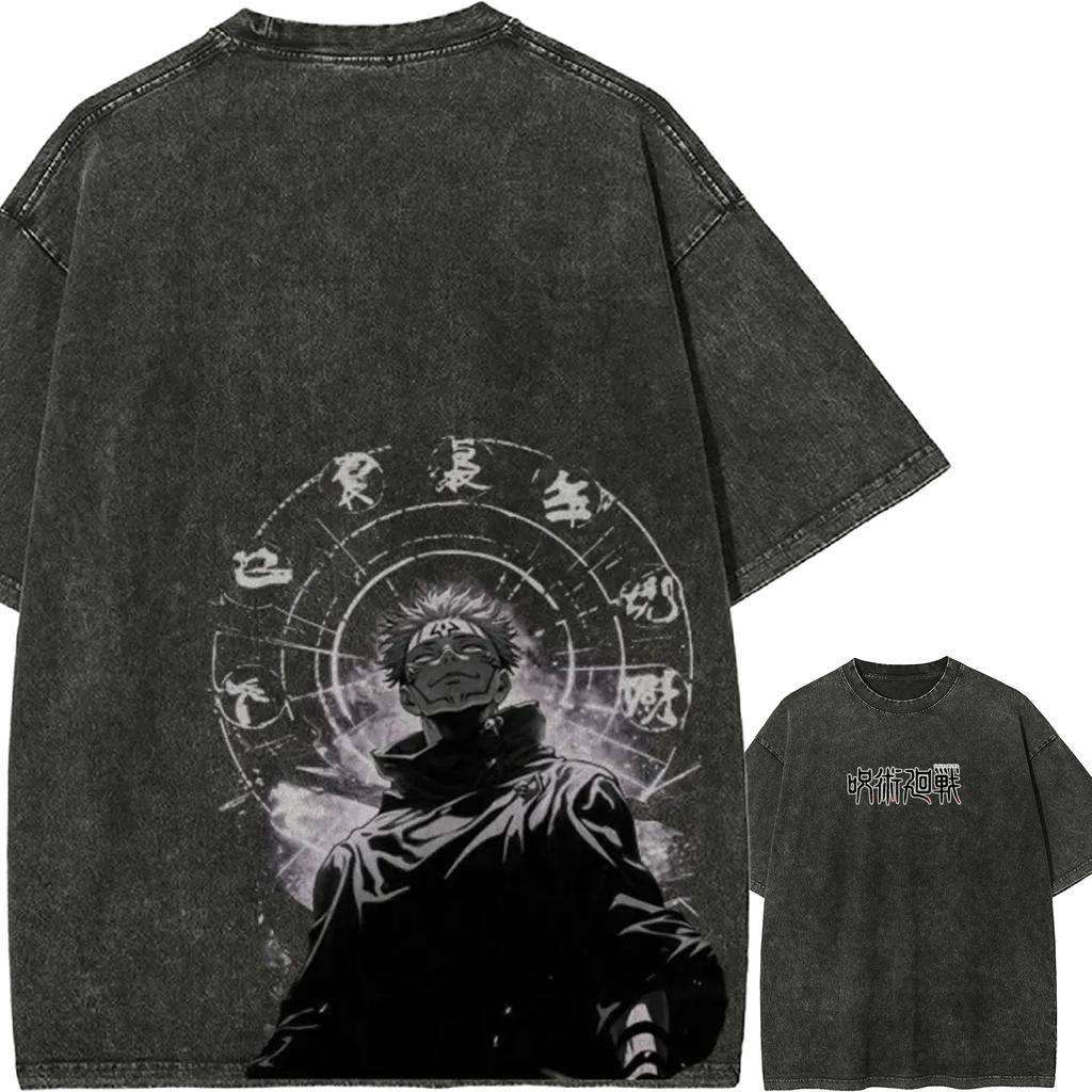 Sukuna Wheel T-shirt Jujutsu Kaisen Tee Vintage Washed Oversized Retro Anime Harajuku Streetwear Graphic Manga Mens Clothing