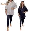 Damesblouse Revers Halve Mouw Enkelrijige Knoopsluiting Blouse Losvallend Pailletten Tops Middellang Design Casual Blouse