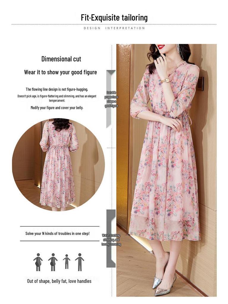 Elegant Floral Silk Summer Dress for Middle-Aged Women - 2026 Beach Vacation Style
