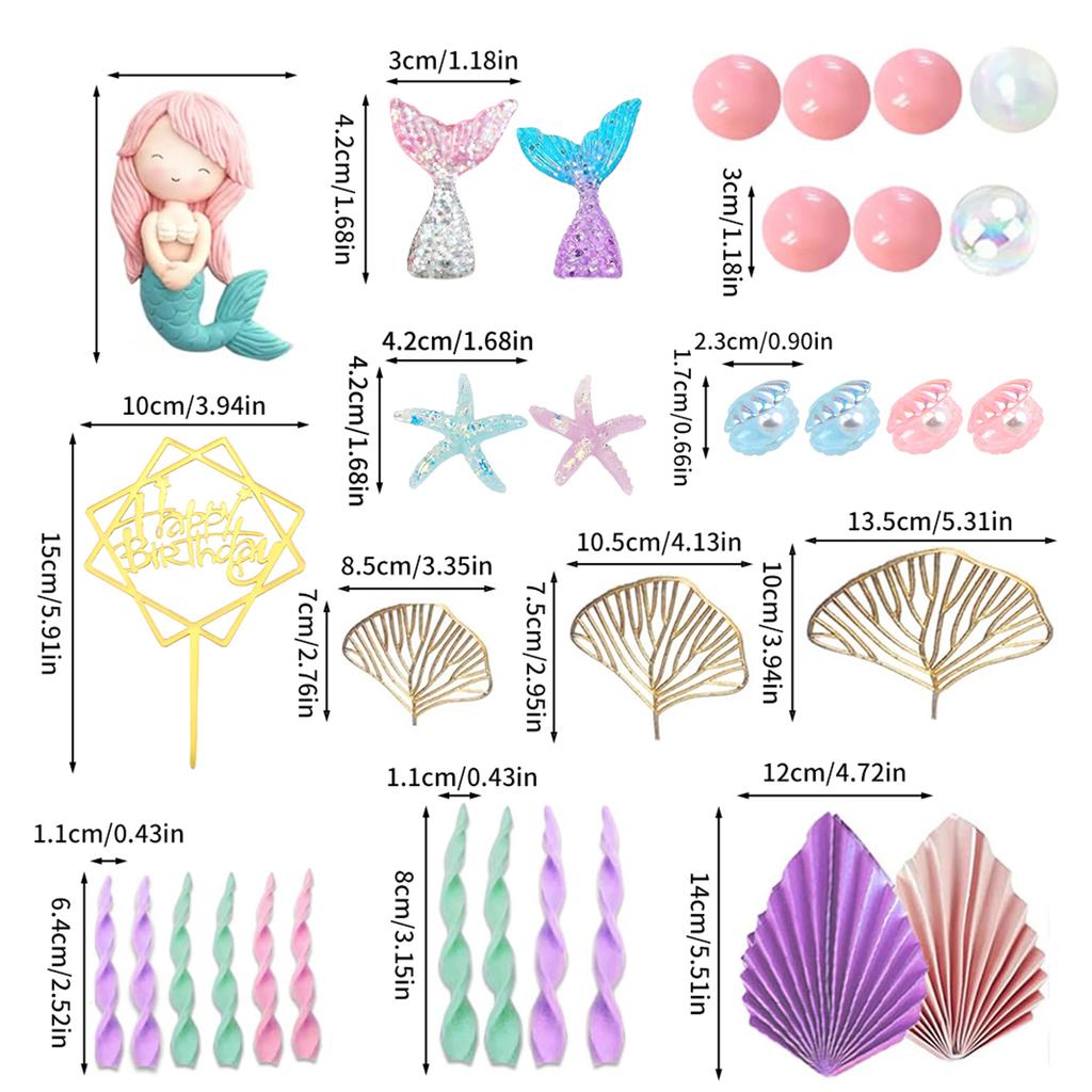 Mermaid Cake Topper Under The Sea Cake Toppers Set with Little Mermaid Seaweed Bubble Golden Leaves for Mermaid Birthday
