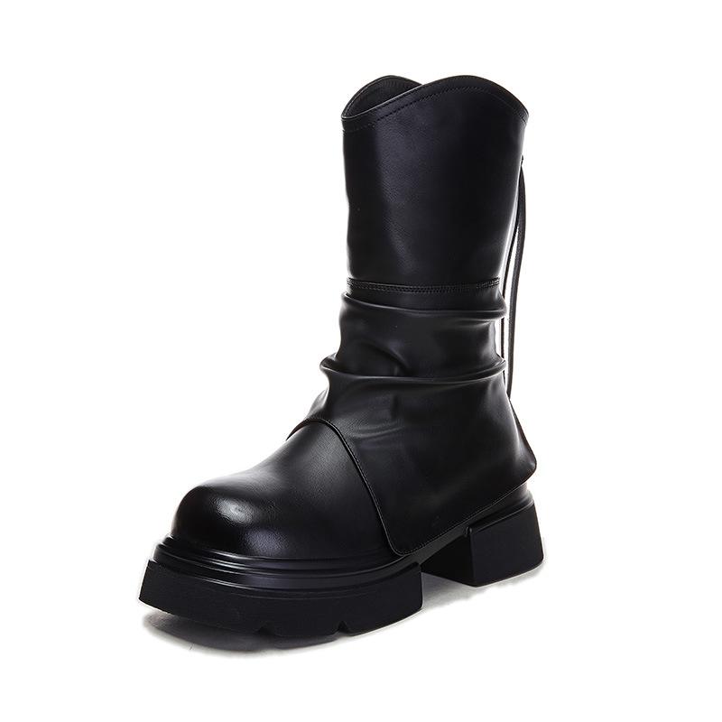 New Thick Heel Martin Boots Women's 2025 Autumn and Winter Casual Mid-tube Boots Women's Round Head Versatile Women's Boots Pleated Art Tide Boots