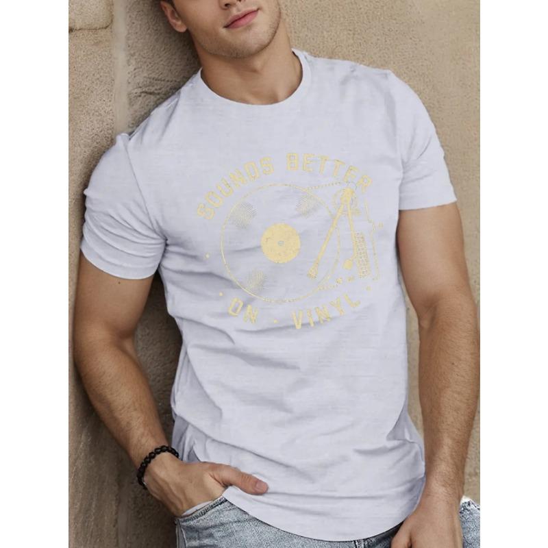 European sizes Vinyl Record Player Graphic Men's T-Shirt - Casual Short Sleeve, Breathable, Summer Tee with Geometric Design