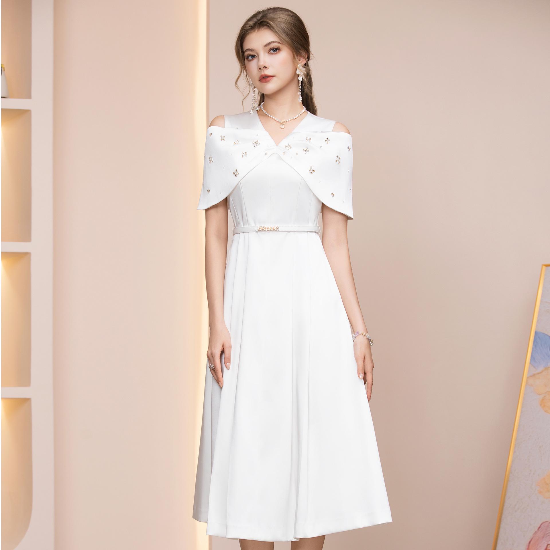 Zhi Li French Chic Rhinestone Off-shoulder Midi A-line Dress, Waist-cinching Slimming Summer 2026. S