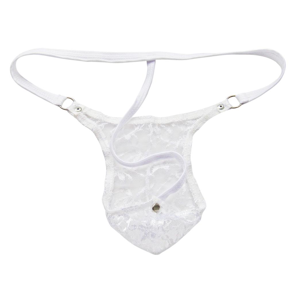 Męska mini koronkowa kokardka prześwitujące stringi kwiecista saszetka Sissy bielizna