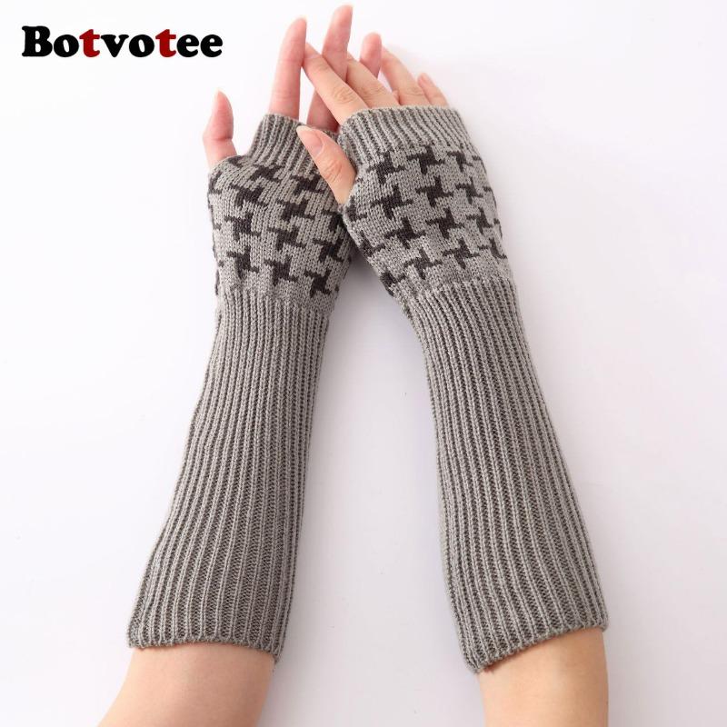 Botvotee Sleeves for Women Y2k Accessories Fingerless Gloves Arm Warmers Knit Winter Warm Houndstooth Long Hands Free Gloves