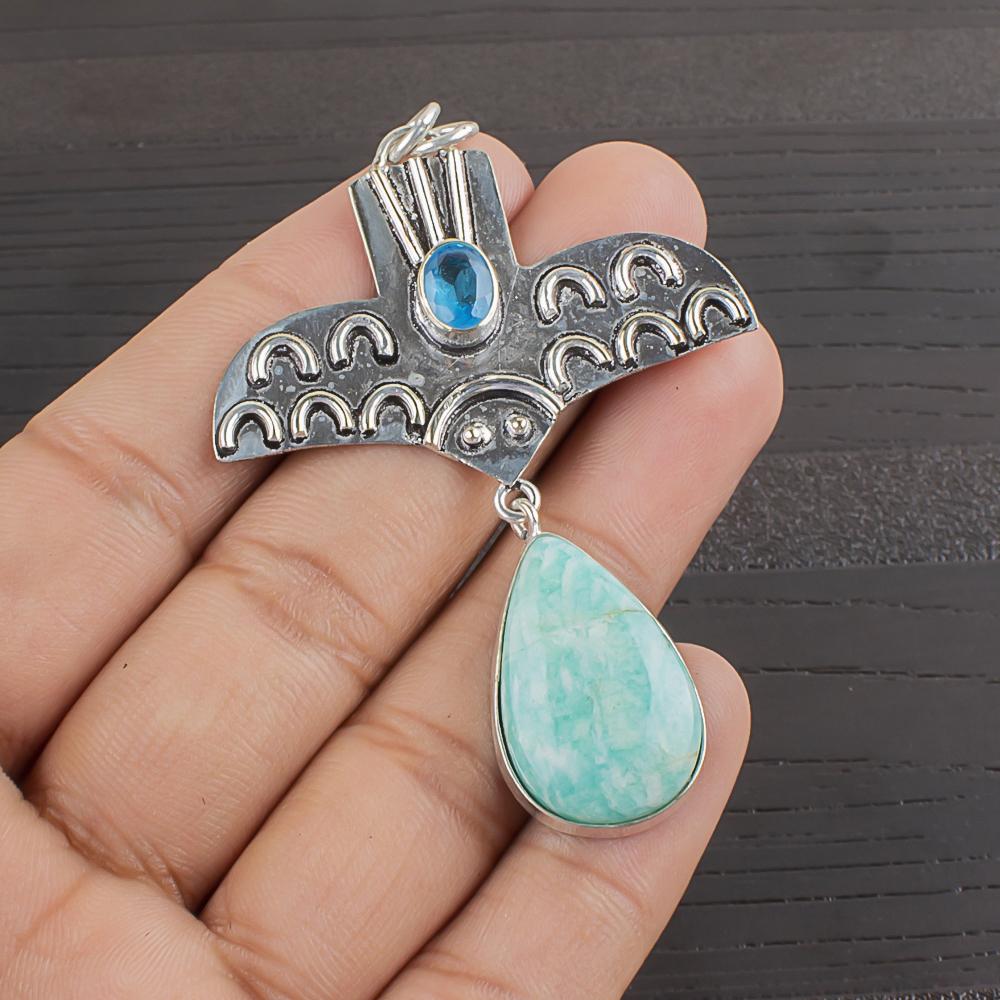 Natural Amazonite Gemstone 925 Sterling Silver Jewelry Designer Pendant 2.52" AJP-2368