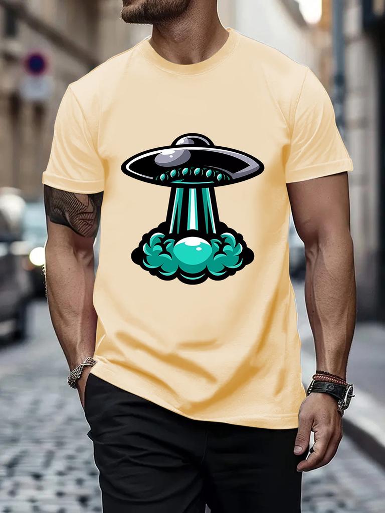Cartoon UFO Spaceship Graphic Unisexs Crew Neck T Shirt Alien Flying Saucer Print Short Sleeve Casual Cotton Streetwear Daily Tee