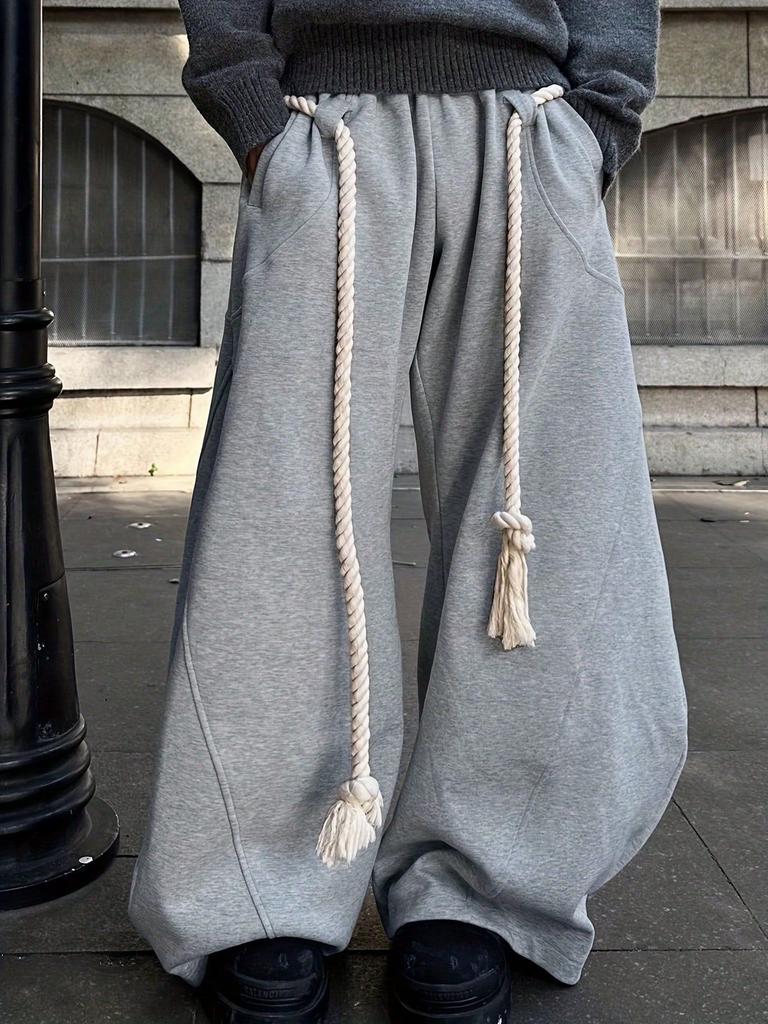 Men's Spring and Autumn Trend Drawstring Wide Leg Mopping Pants Grey Scimitar Simple Sweatpants
