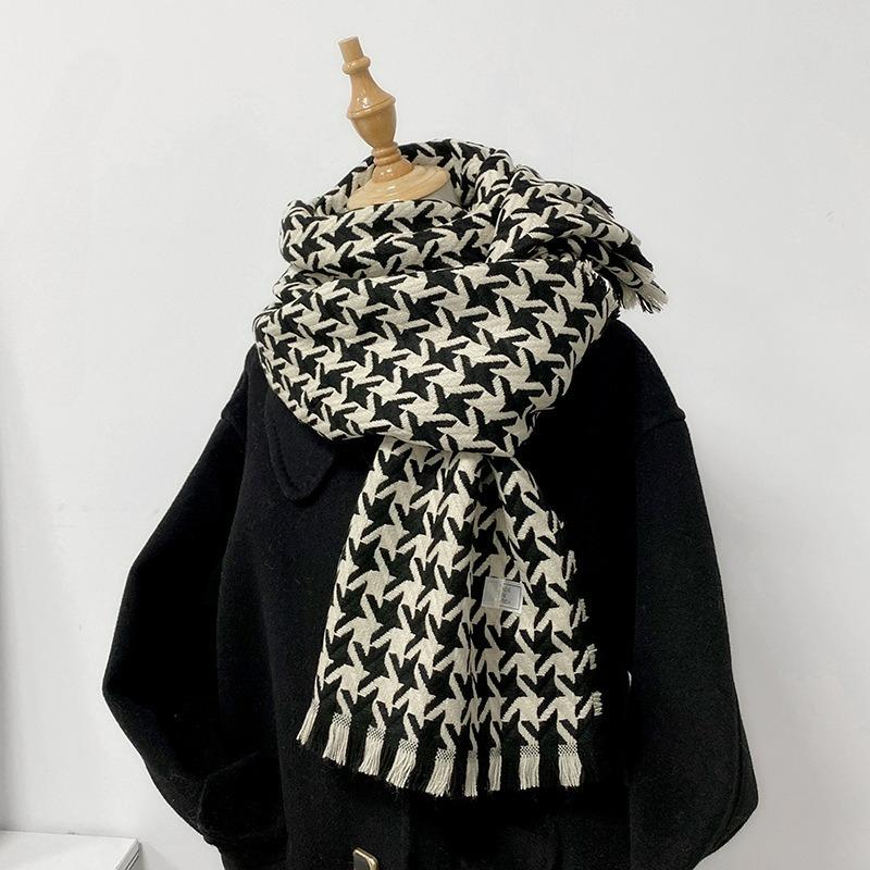 Retro Houndstooth Scarf Women's Autumn and Winter All-match Knitted Warm Couple Scarf Thick