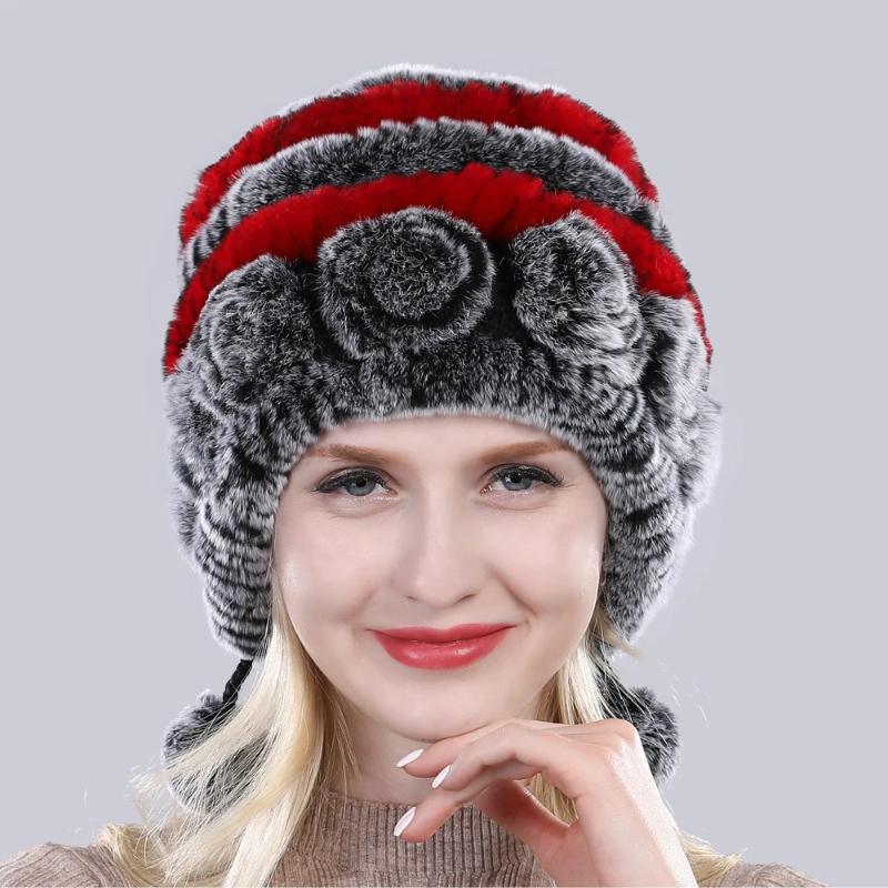 Hot Sale Winter Women Flowers Striped Natural Real Rex Rabbit Fur Hats Lady Warm Knit Genuine Fur Caps Russian Outdoor Fur Hats