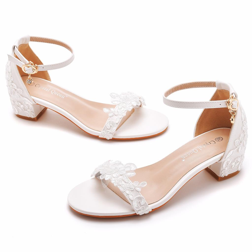 5cm Thick Heel Sandals Shallow Mouth One-length Strip Square Heel Buckle Sandals White Embroidered Lace Wedding Shoes High Heels
