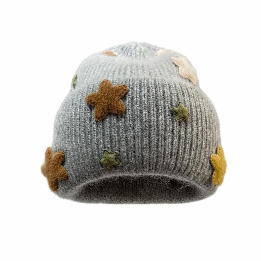 3D Star Knitted Beanie Hat Acrylic Blend Wool Knit Cap Fashion Fuzzy Beanie  For Women