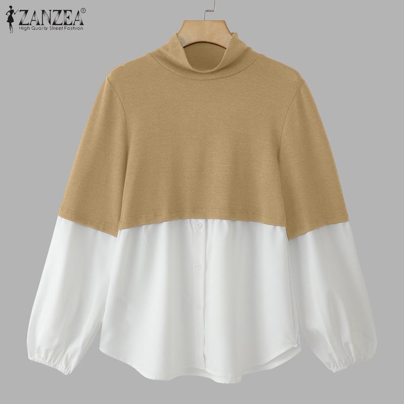 ZANZEA Women Turtleneck Patchwork Casual Long Sleeve Blouse