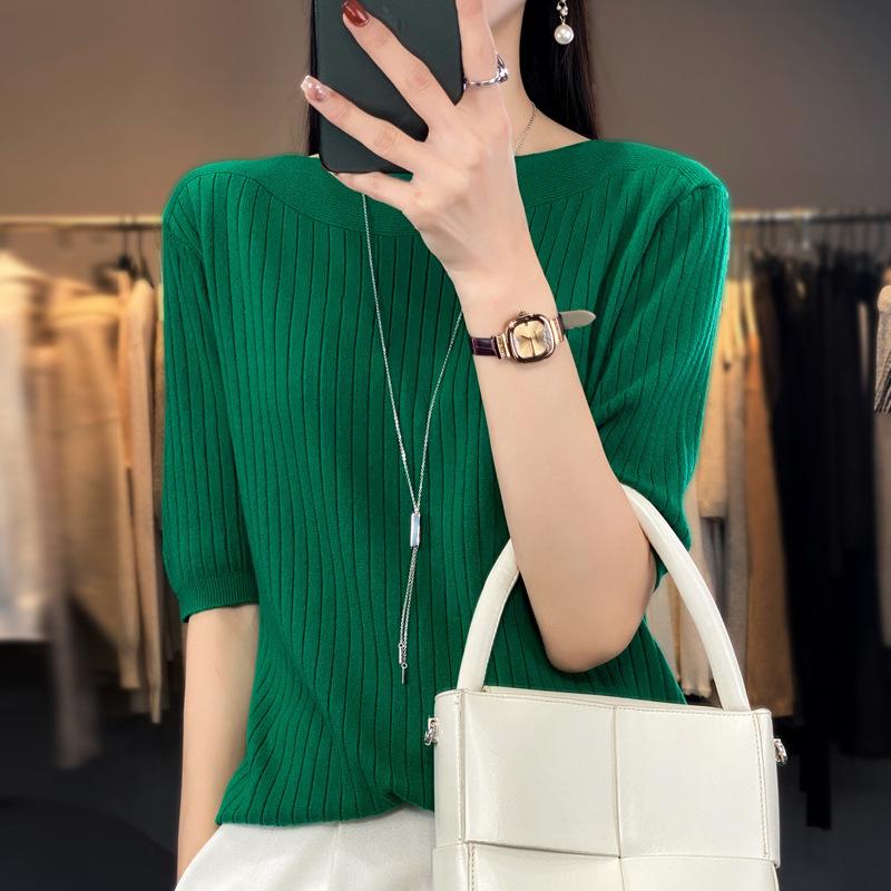 

Вязаный свитер с рукавом пять четвертей для женщин, однотонный свободный свитер, повседневная базовая рубашка во французском стиле, свитер со средним рукавом на осень M зелёный