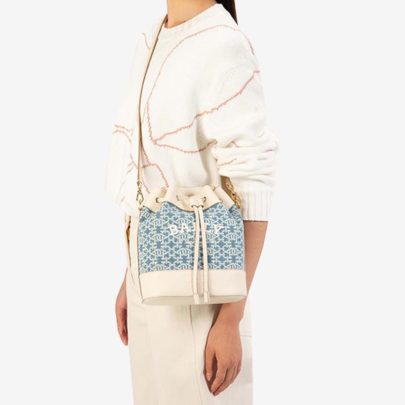 Bally Cleoh Dmn Classic Monogram Print Drawstring Bucket Bag Women Bags Denim-Blue 6300125