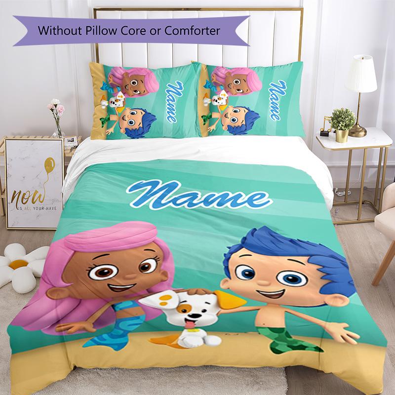 3pcs Bubble Guppies Cover Set - Personalized Name, HD Printed Bedding with 1 Cover and 2 Pillowcases - Perfect for Home Decor, Easy Care