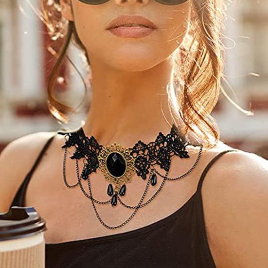 

Yousheng Vintage Gothic Black Lace Choker Necklace with Extension Chain Faux Crystal Pendant Tassel Punk Loli Style Halloween Jewelry Women Girls Gift