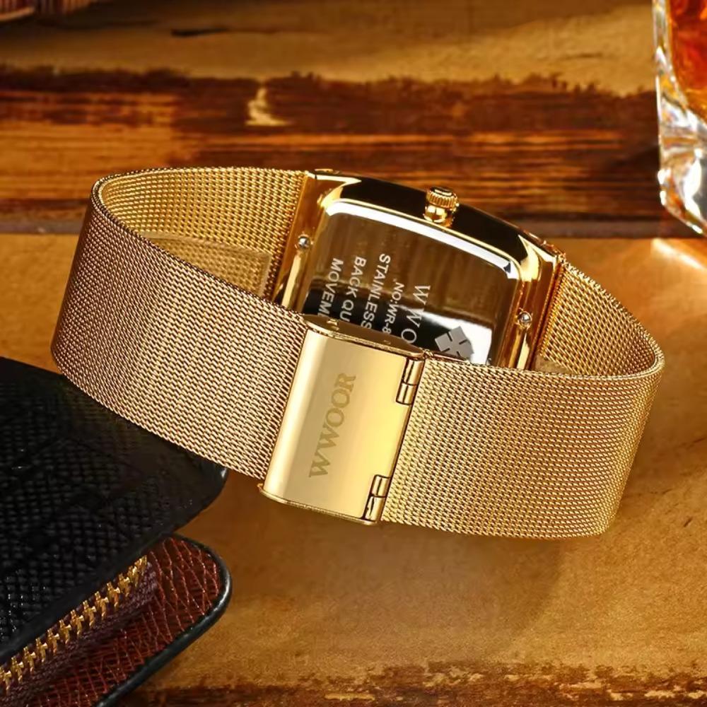 WWOOR Luxury Gold Watch Men Square Quartz Slim Steel Mesh Waterproof Sports Automatic Date Wrist Watches Relogio Masculino