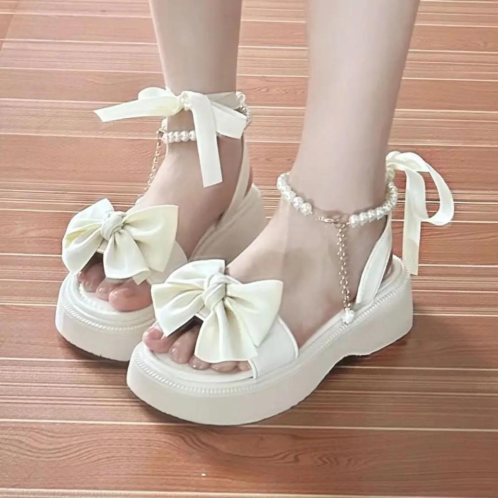 Fashion Comfort Shoes for Women Pearl Sandals Suit Female Beige Increasing Height Block Heels All-Match Black Bow 2024 Fashion Chunky Gi