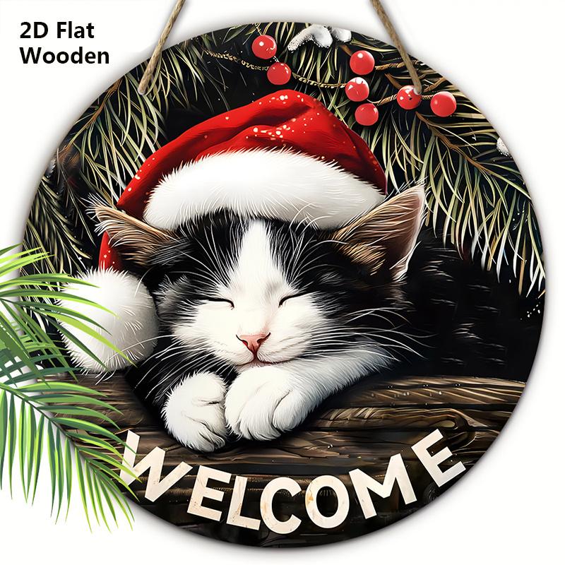 

Очаровательная деревянная рождественская табличка с кошкой, круглая приветственная рождественская табличка для декора на входную дверь, стену, идеальное рождественское украшение 20cm/7.87in коричневый