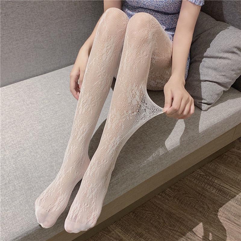 Plus-Size White Lace Fishnet Stockings, Black Sheer Pantyhose, Sexy White Silk Tights for Women
