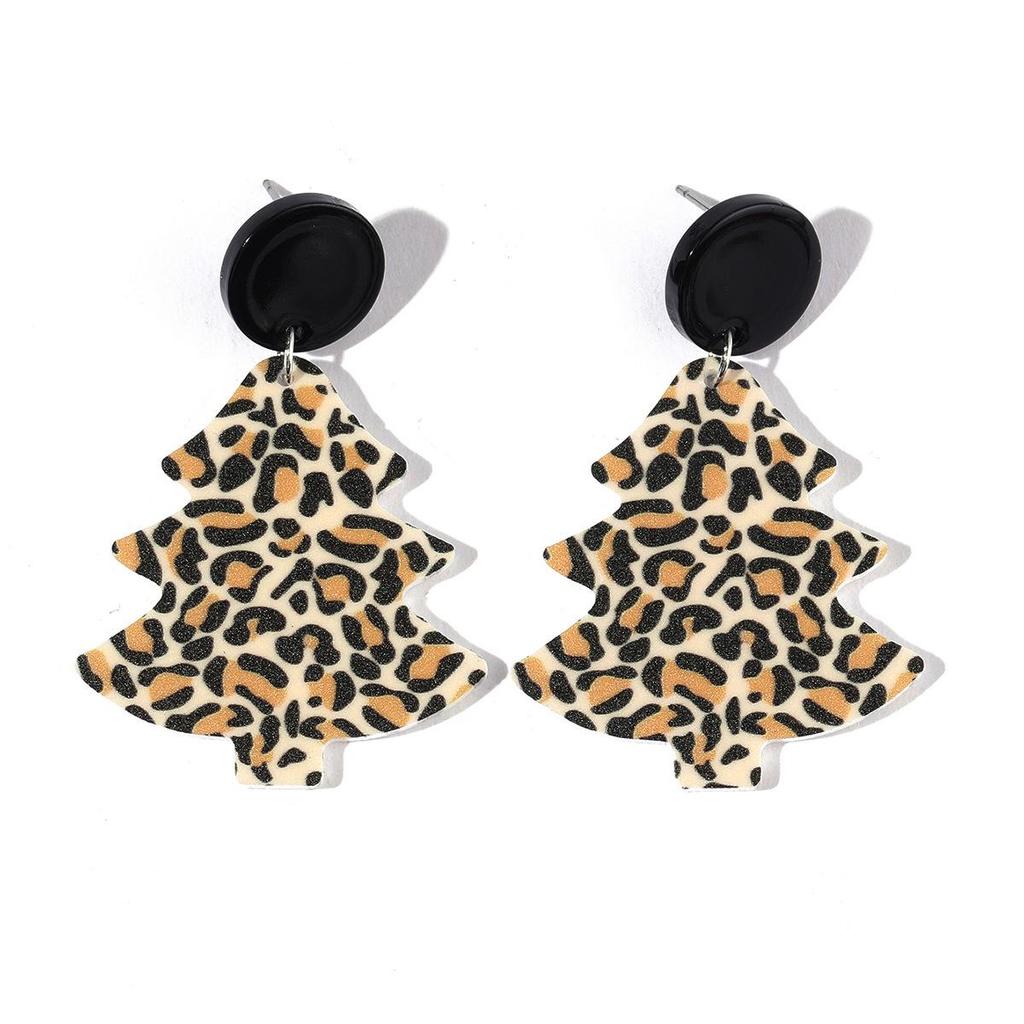 Retro Leopard Print Christmas Tree Dangle Earrings for Women
