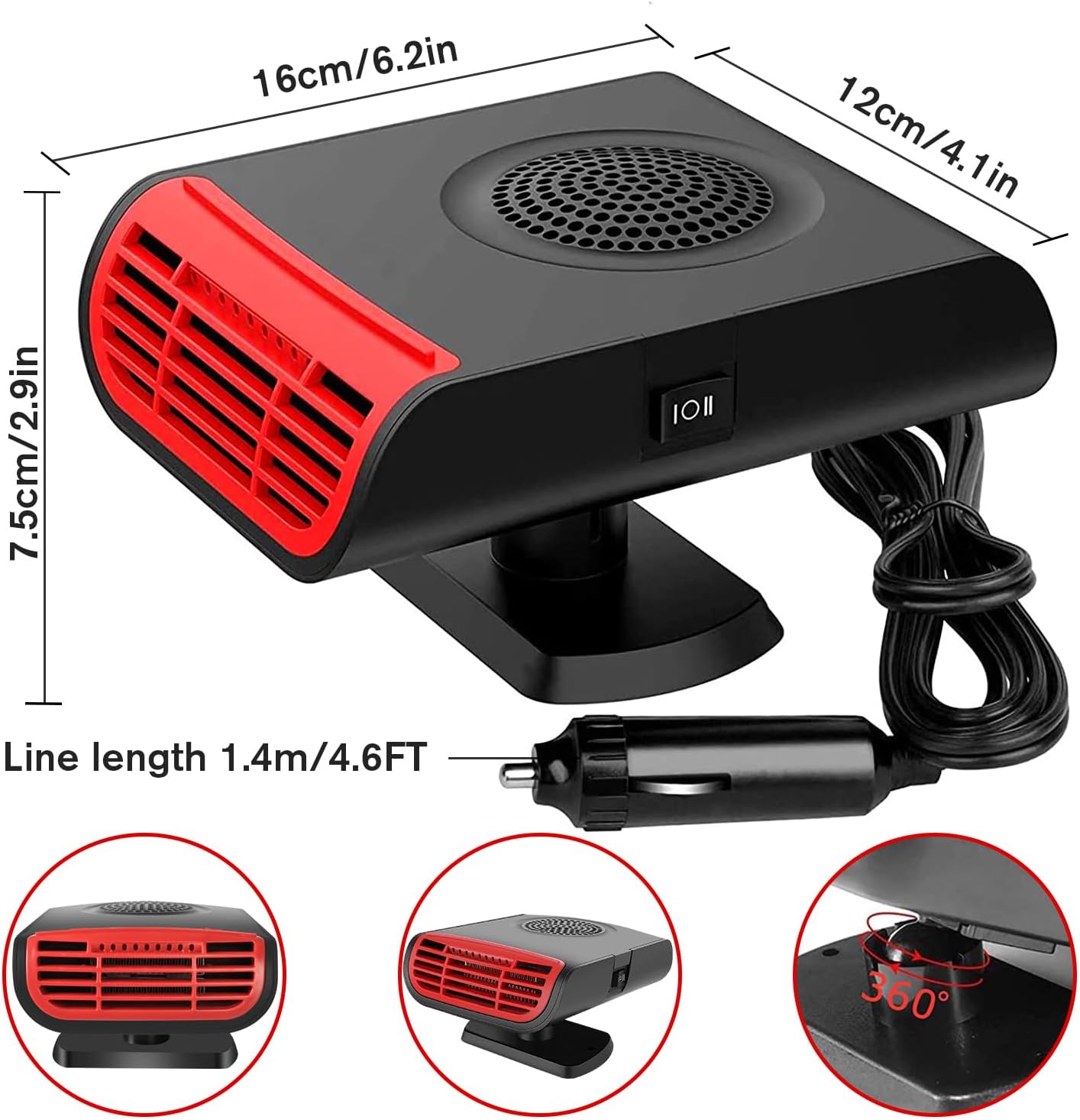 

150W Portable Car Heater & Air Fan, Dual Mode, 360° Swivel, Cigarette Lighter Plug, for Cars, Trucks, SUVs United States
