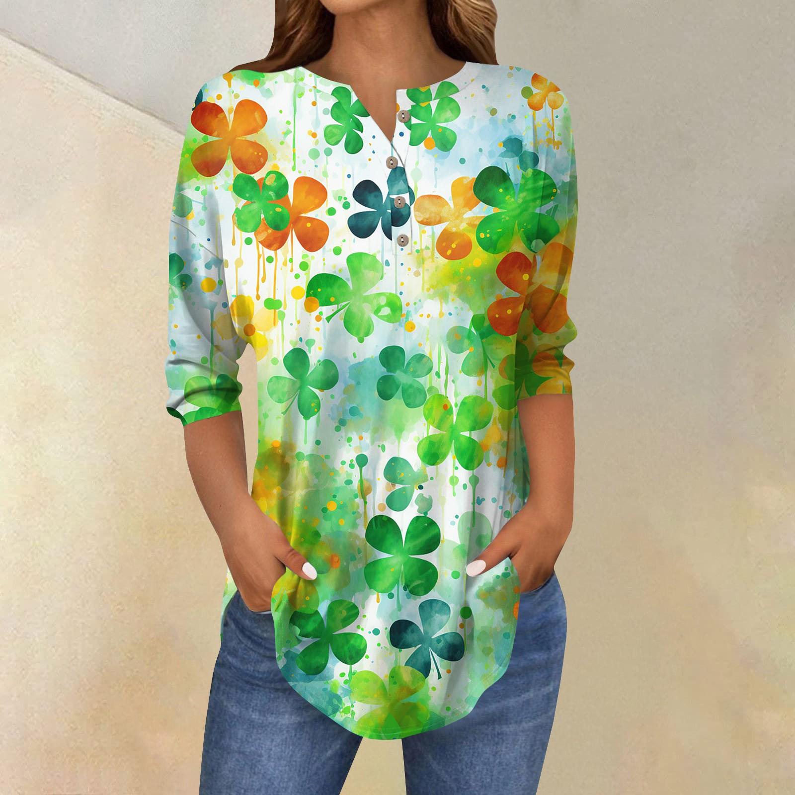 

Women s Loose Button Collar Semana Print Three-quarter Sleeve T-shirt Shirt XXXL