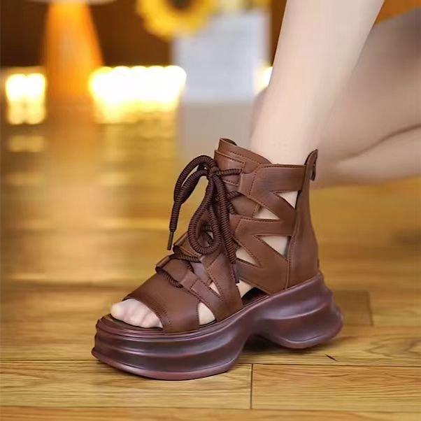 

Hollow Roman sandals breathable 2025 summer new lace-up fish mouth open-toed platform sandals women s fashion muffin bottom 40