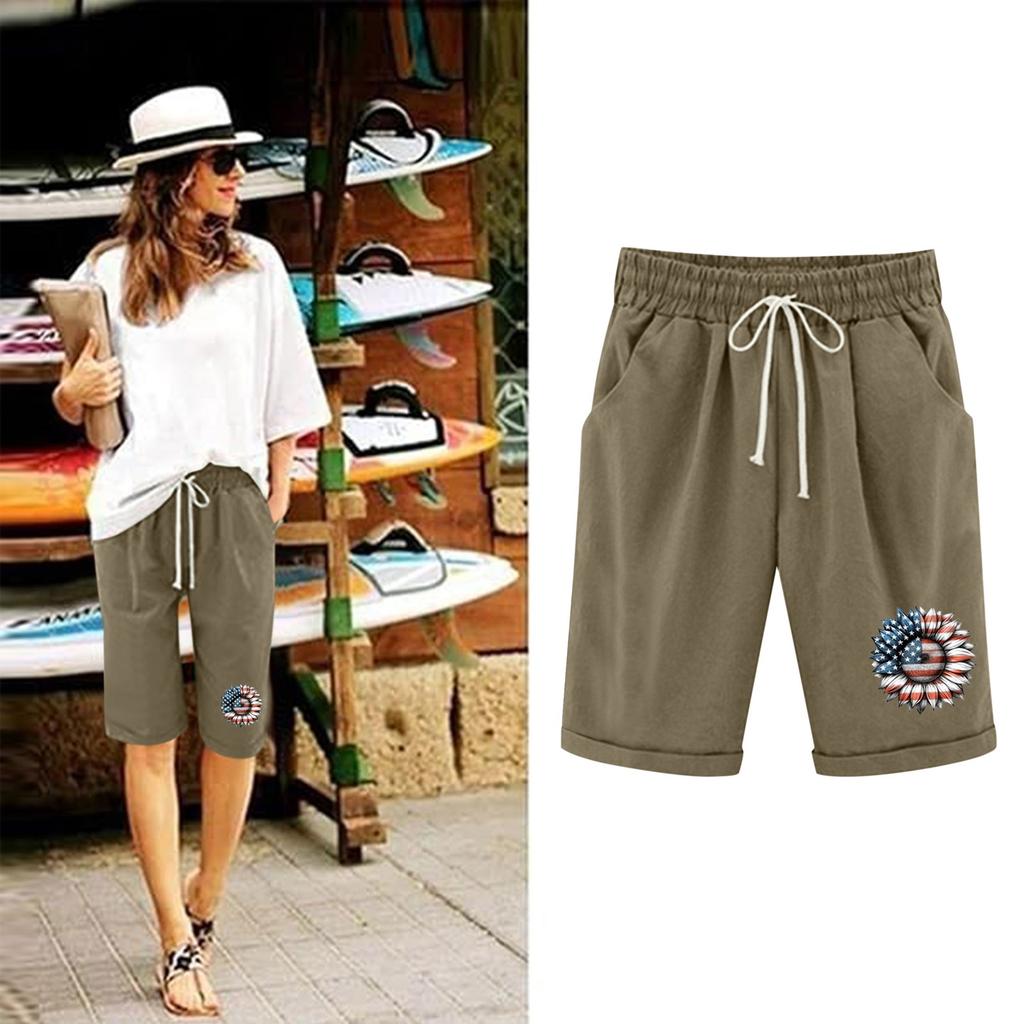 Plus Size Shorts For Women Stretchy Curvy Cotton Linen Drawstring Elastic Waist Bermuda Shorts Casual Beach Clothes