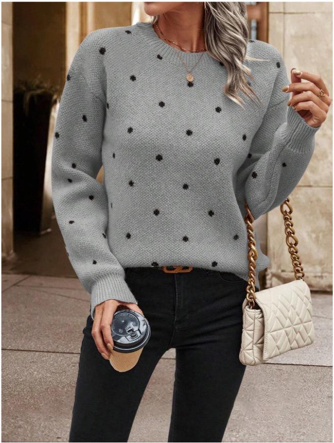 European & American Women's Polka Dot Round Neck Long Sleeve Sweater