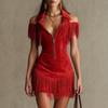 Ladies' Casual Retro Suede Fringe Off Shoulder Dress, Western Spicy Girl Waist Cinching Short Skirt