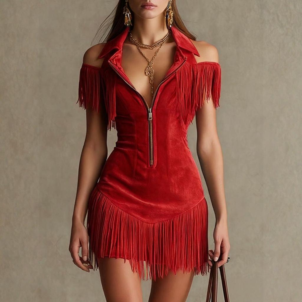 Ladies' Casual Retro Suede Fringe Off Shoulder Dress, Western Spicy Girl Waist Cinching Short Skirt