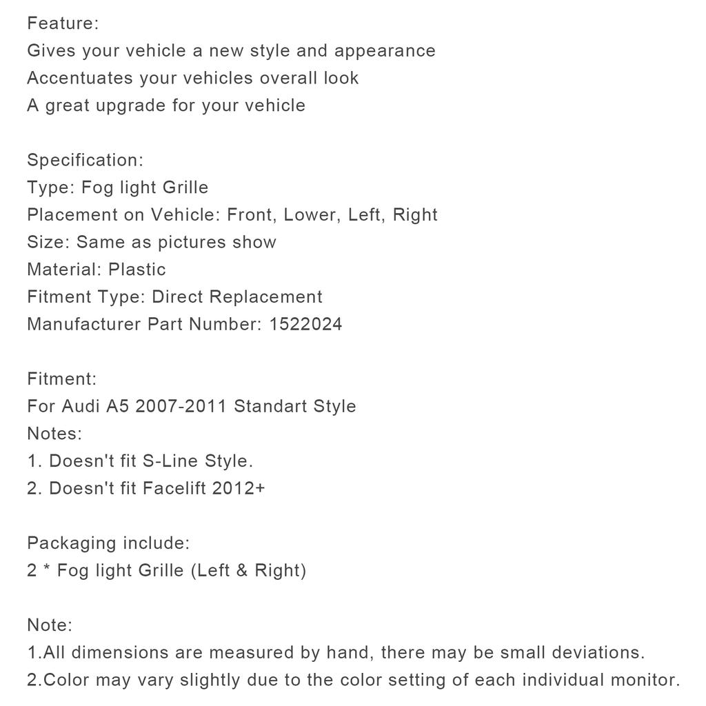 Pair Honeycomb Front Fog Lamp Cover Grille Grill Fit A5 2007-2011