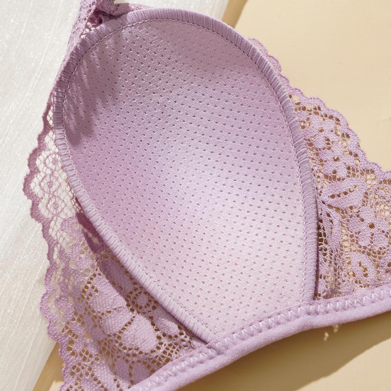 Women's Lace Bra Underwire Less See Through Bra Small Chest Triangle Cup Ultra-thin Lace Bra Pure Desire Beautiful Back Front Buckle Bra