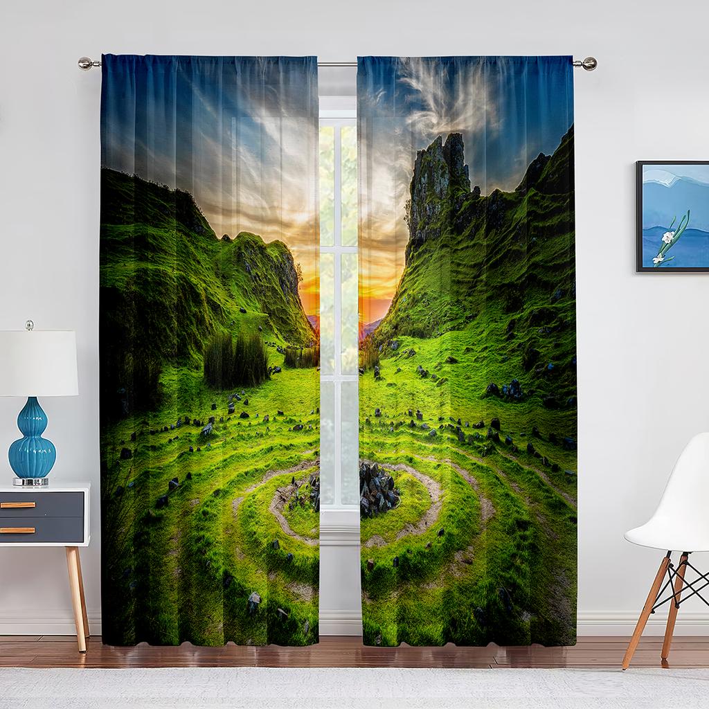 Gras Blumenfeld Berglandschaft Natur Tüll Vorhänge für Wohnzimmer Chiffon Transparent Voile Küche Schlafzimmer Vorhang Drapierungen