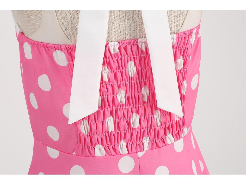 Retro Polka Dot Halter Flared Dress - European & American Hepburn Style with Lace-up Backless Design for Bridesmaid or Performance