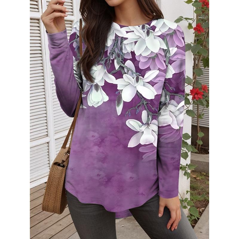 Spring and Autumn Women's T Shirt Floral Graphic Plants Stylish Casual Long Sleeve T-shirts Round Neck Regular Tops Flower Printed Pullover