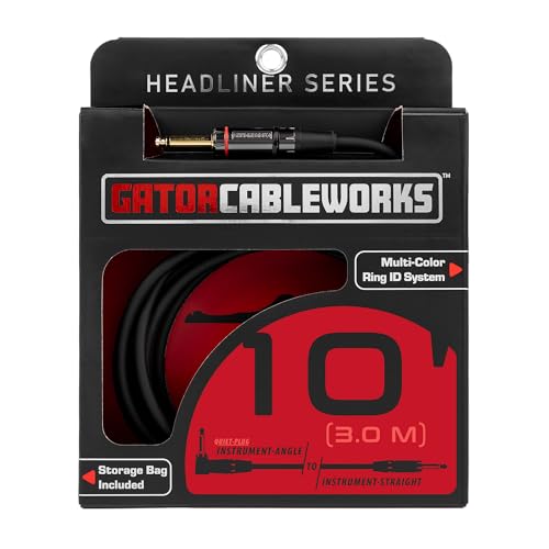 Cableworks by Gator Cases Headliner Series 10ft S/L Shielded Cable for Guitar/Bass with Mute Switch (GCWH-INS-10RAQT)