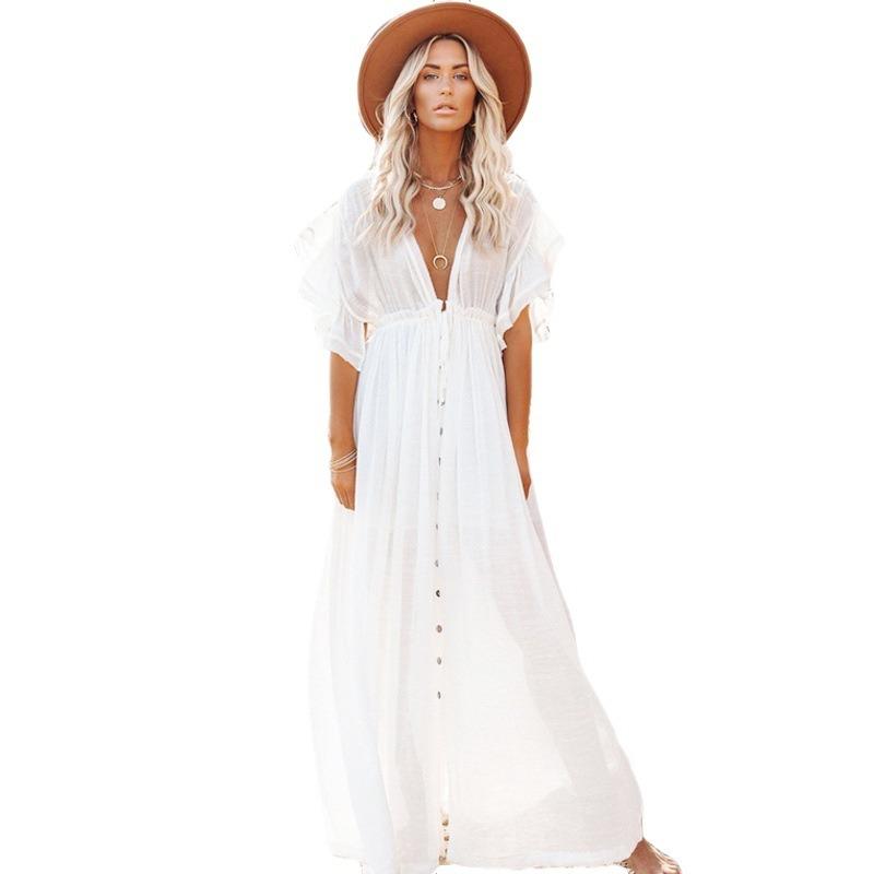 Summer New Bamboo Cloth Single-breasted Drawstring Sunscreen Blouse, Bikini Beach Dress