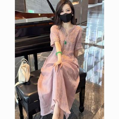 [Cotton and Linen Four Colors Optional] Summer Loose Temperament Long Skirt New Chinese Heavy Industry Embroidery Dress Women