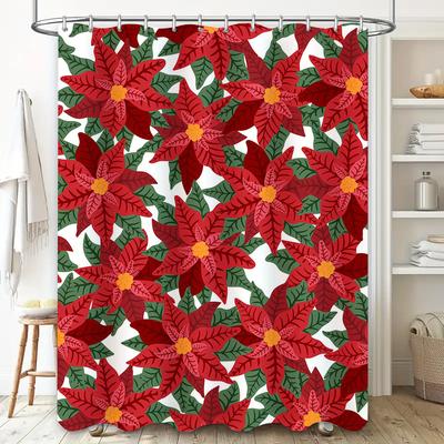 Weihnachts-Duschvorhang Rotes Weihnachtsstern-Blumenmuster, Polyestergewebe, Bedruckte dekorative wasserdichte Badezimmerabdeckung für Heimdekoration