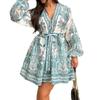 Abito da Donna Europeo Americano Stile Nuovo Primavera Stampa Retrò Maniche a Lanterna Scollo a V Pizzo
