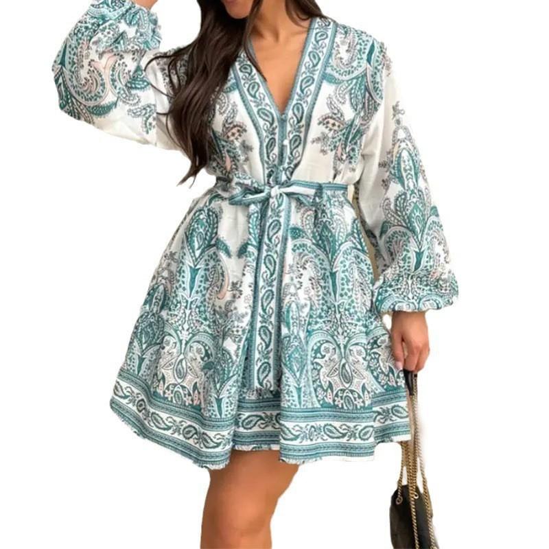 

European American Women s Clothing Spring New Style Retro Print Lantern Sleeves V-neck Lace Dress 2XL