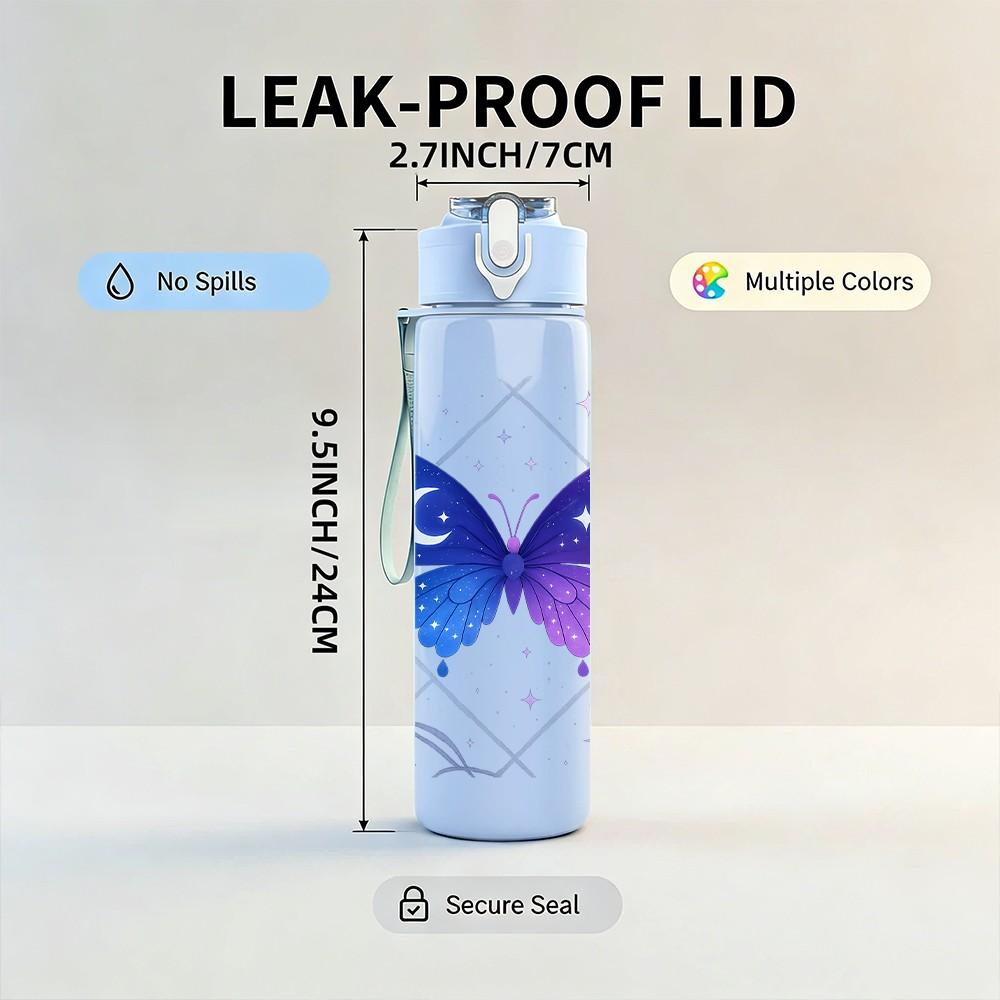 1PC Dark Purple Glowing Butterfly Magic Print 750ml Color Plastic Sports Water Bottle Leakproof Flip Straw Lid Suitable for Sports Office Home Use
