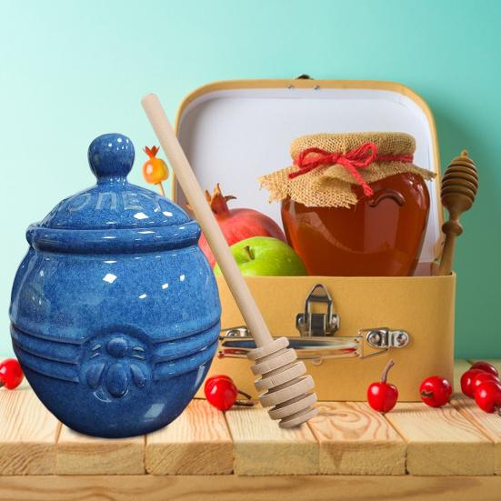 350ml Ceramic Honey Jar Farmhouse Honey Pot with Wood Honey Dipper Stick Retro