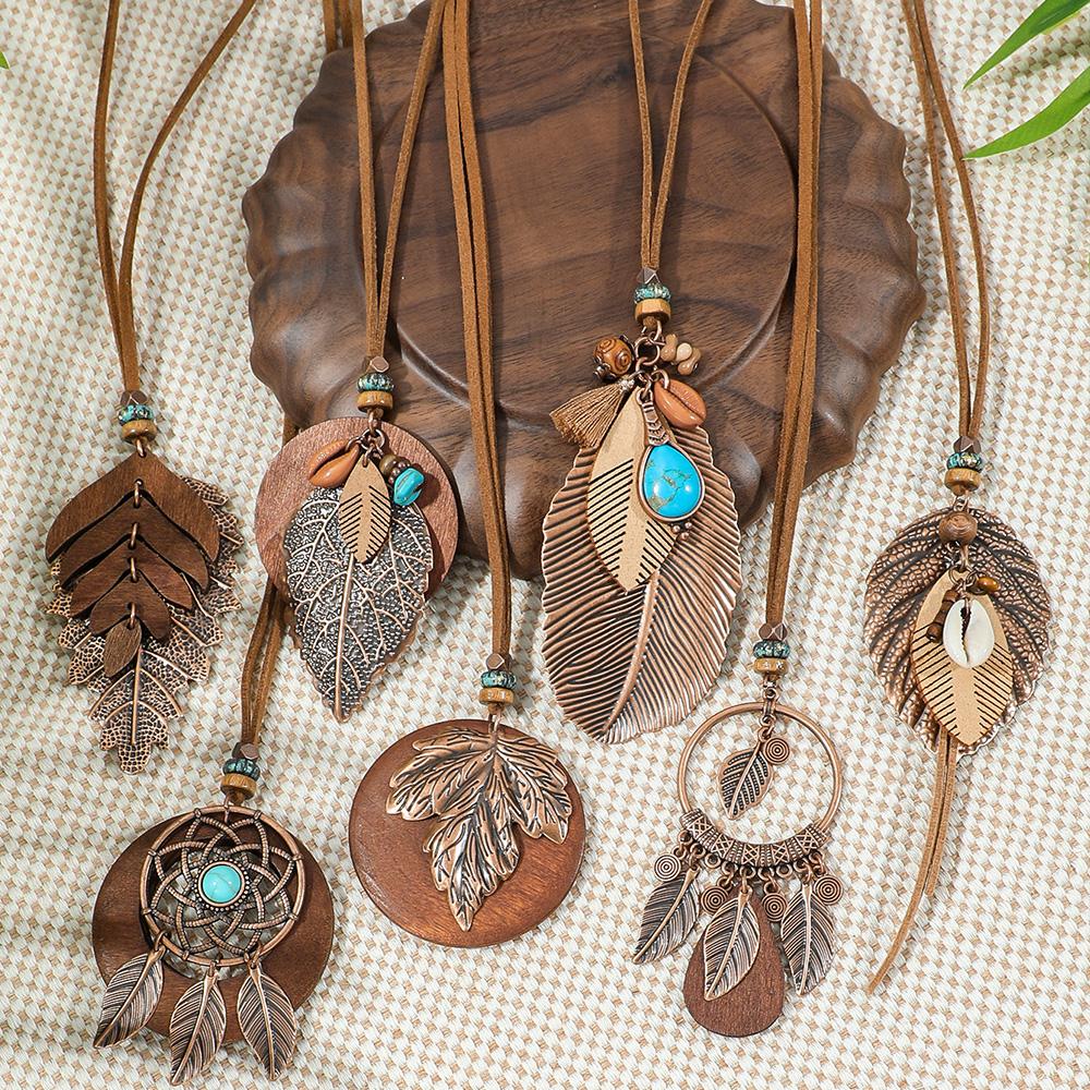 7ks Boho Dlouhý Náhrdelník Set Hnědý Přívěsek Náhrdelníky Řetízek na Svetr Tyrkysový Design s Mušlí Kmenové Šperky Party Dekorace Zvedáky